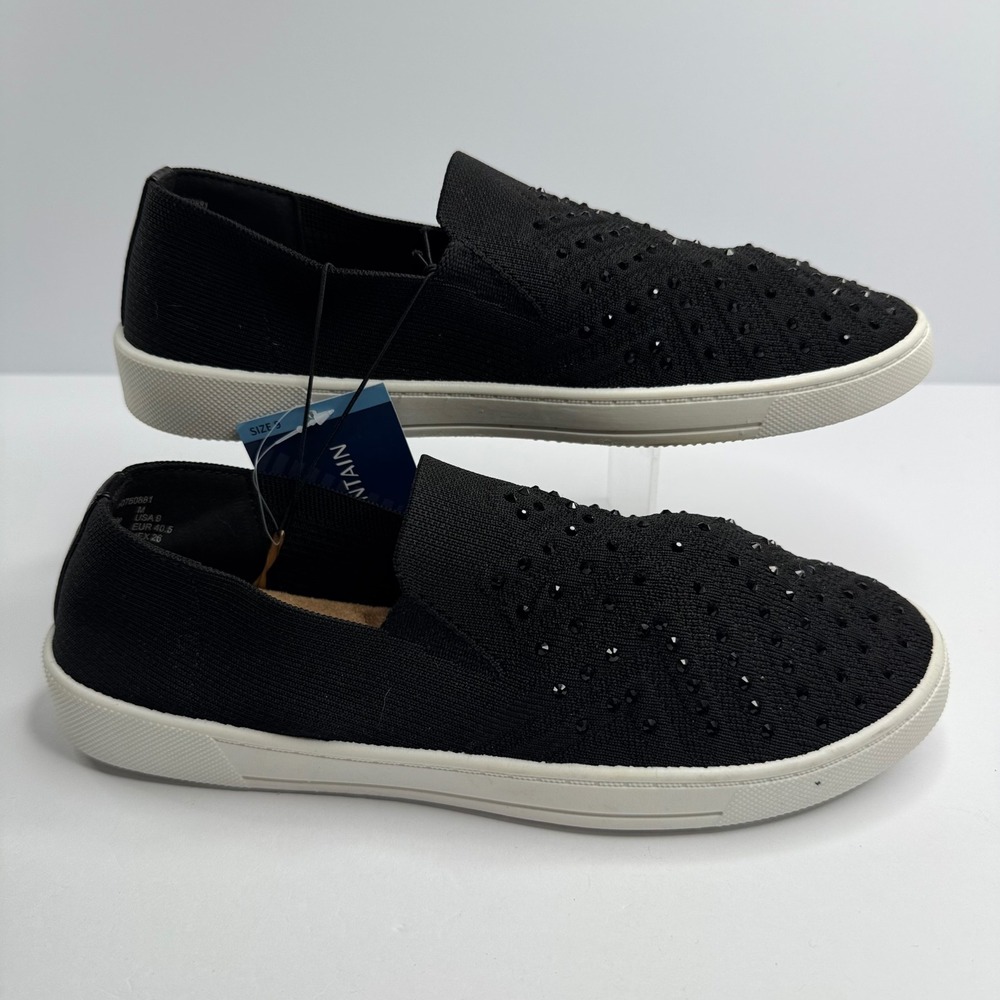White Mountain Bling Sneaker Black Rhinestone Slip On Knit Shoes Size 9